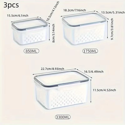 3-Pack Bpa-Free Plastic Food Storage Containers with Lids and Strainers, Stackable Fridge Organizer for Fresh Produce, Vegetable