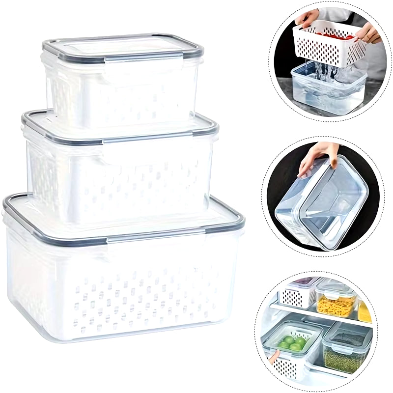 3-Pack Bpa-Free Plastic Food Storage Containers with Lids and Strainers, Stackable Fridge Organizer for Fresh Produce, Vegetable