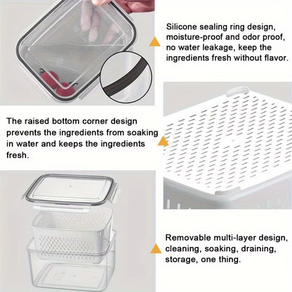 3-Pack Bpa-Free Plastic Food Storage Containers with Lids and Strainers, Stackable Fridge Organizer for Fresh Produce, Vegetable