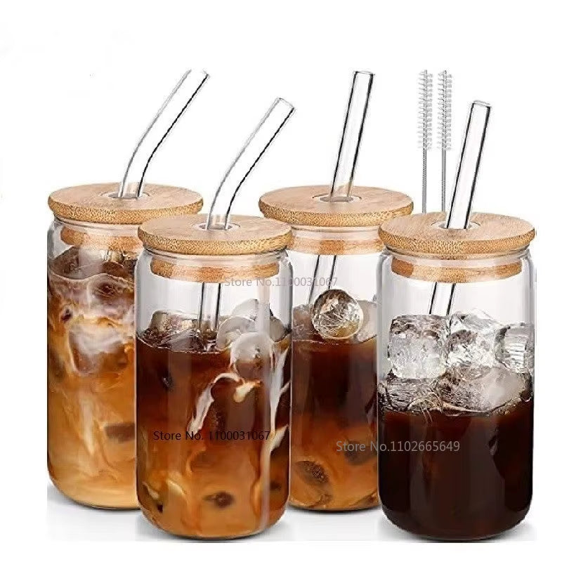 Transparent Glass Cup with Straw, Bubble Tea Cup, Juice Glass, Beer, Coke Can, Milk, Mocha Cups, Breakfast Mug, 400 Ml, 550Ml